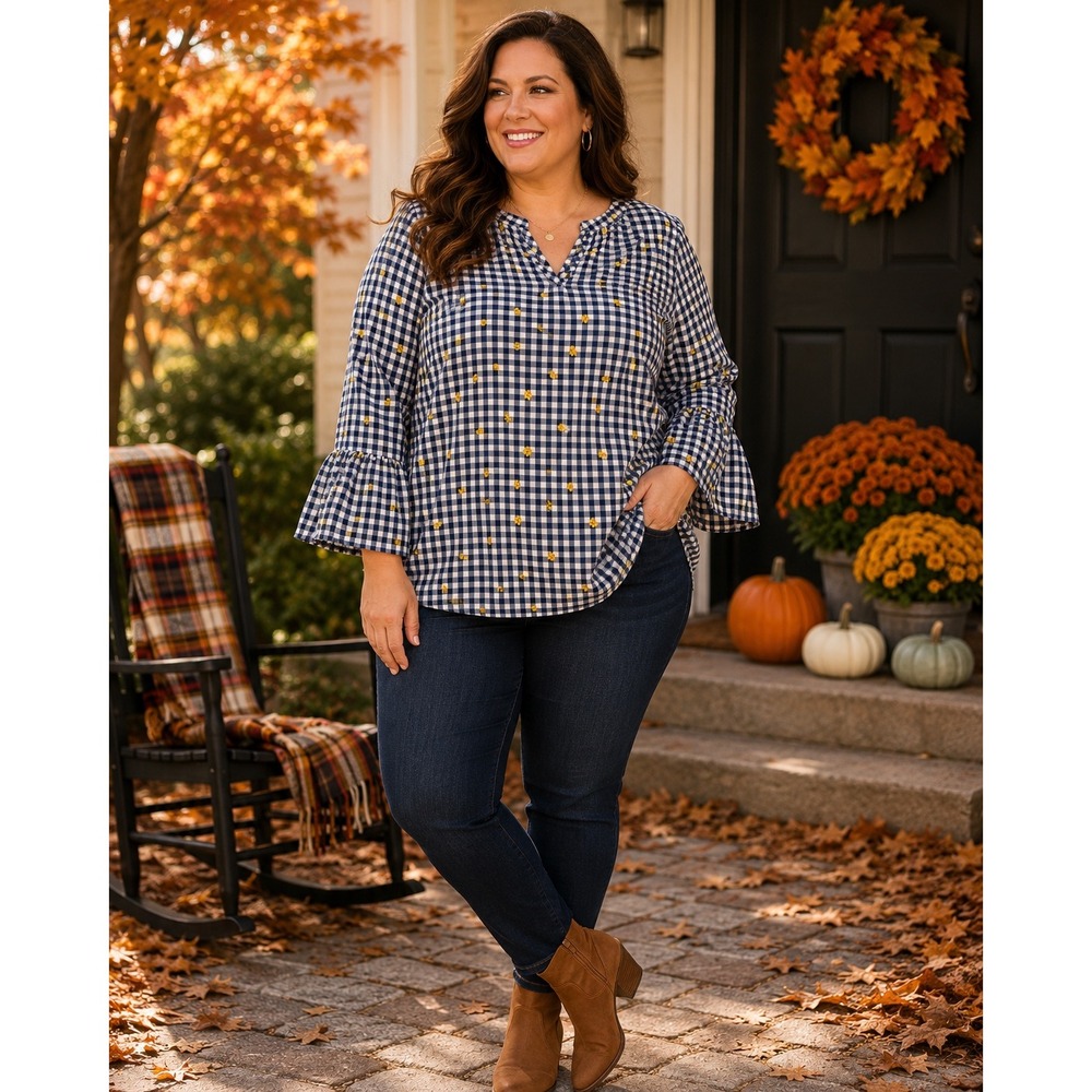 Talbots Womens Navy White Gingham Yellow Embroidered Flower Bell Sleeve Blouse L